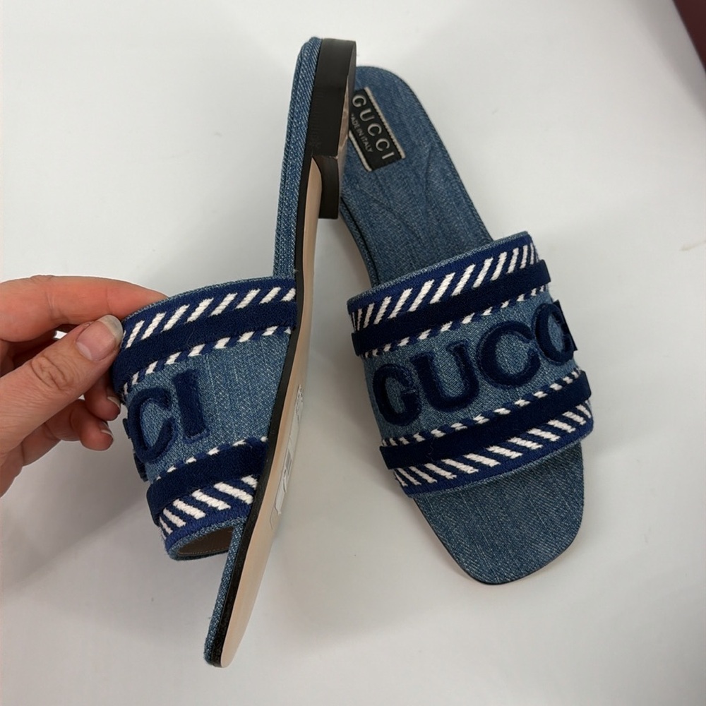 Gucci 39 Denim Jean Jane Logo Blue Stripe Slides Sandals E947 - Picture 12 of 14